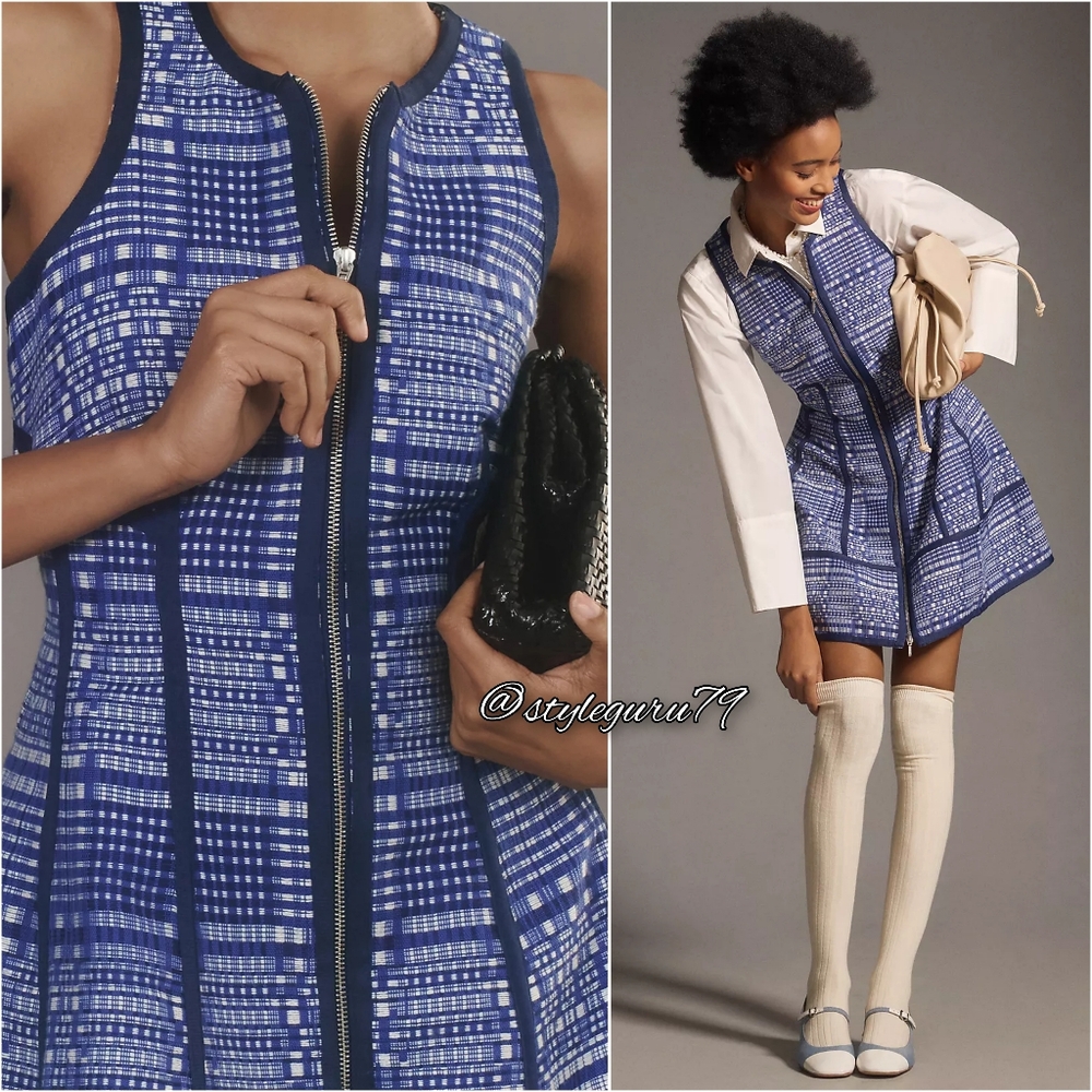 NWT, Anthropologie, Sleeveless Sculpted Zip Up Mini Dress In Blue